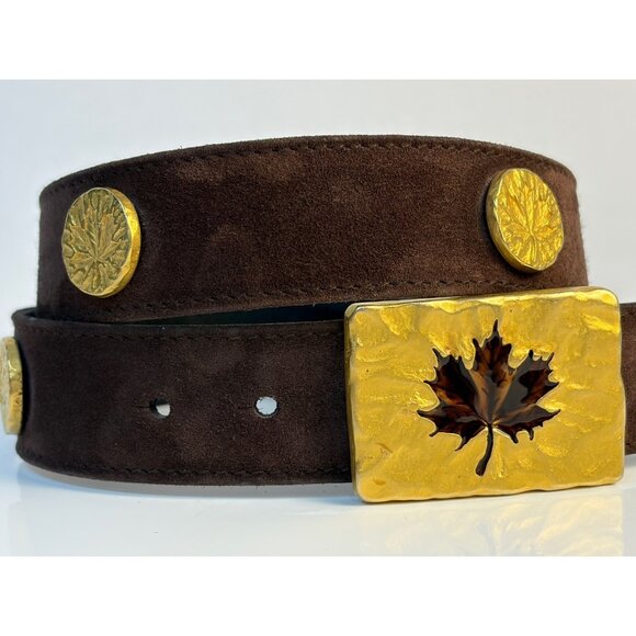Rare Escada 90’s Brown Suede Belt Gold Maple Leaves Size M US 29-30 main image 5